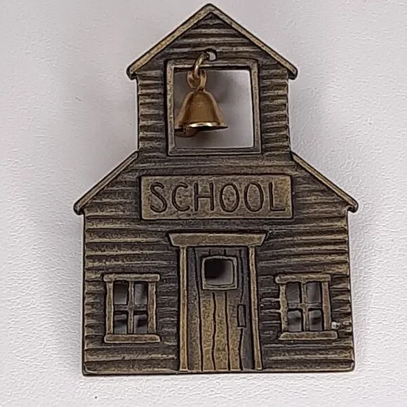 Vintage JJ Jonette School House Brooch Pin Bronze-Tone Metal w/ bell - Teacher - Picture 2 of 8
